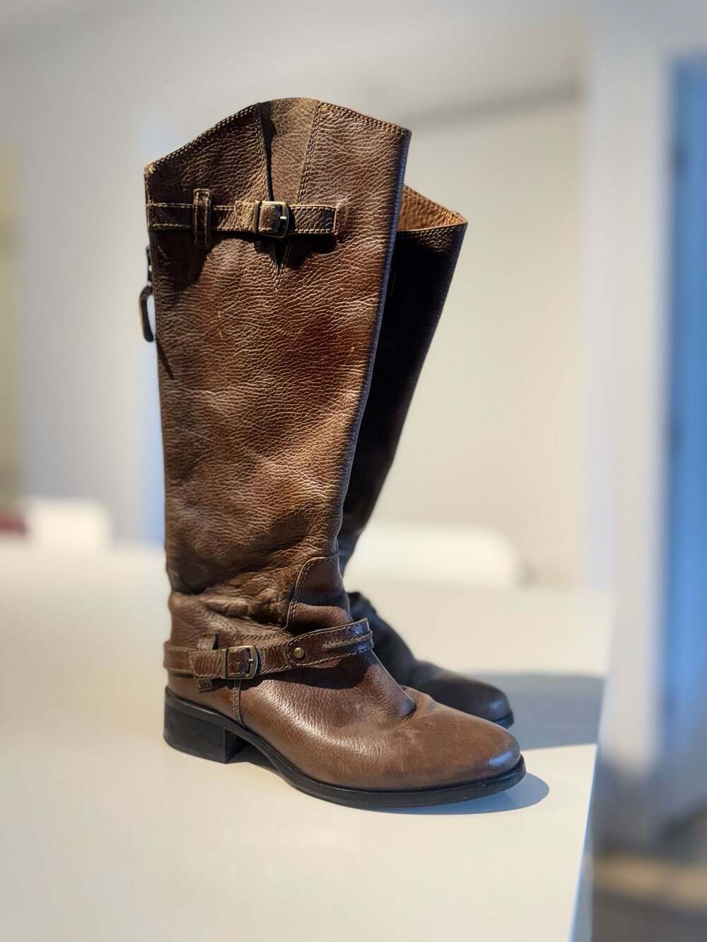 Massimo Dutti Brown Pebbled Leather Buckle Riding Boots Size 38